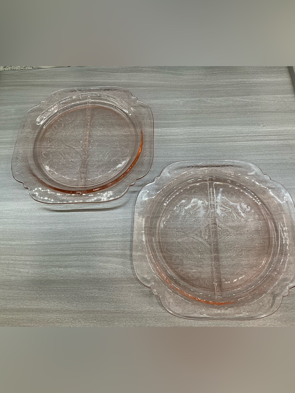 TWO PINK INDIANA GLASS DIVIDED PLATE MADRID PATTERN GRILL PLATE 10”